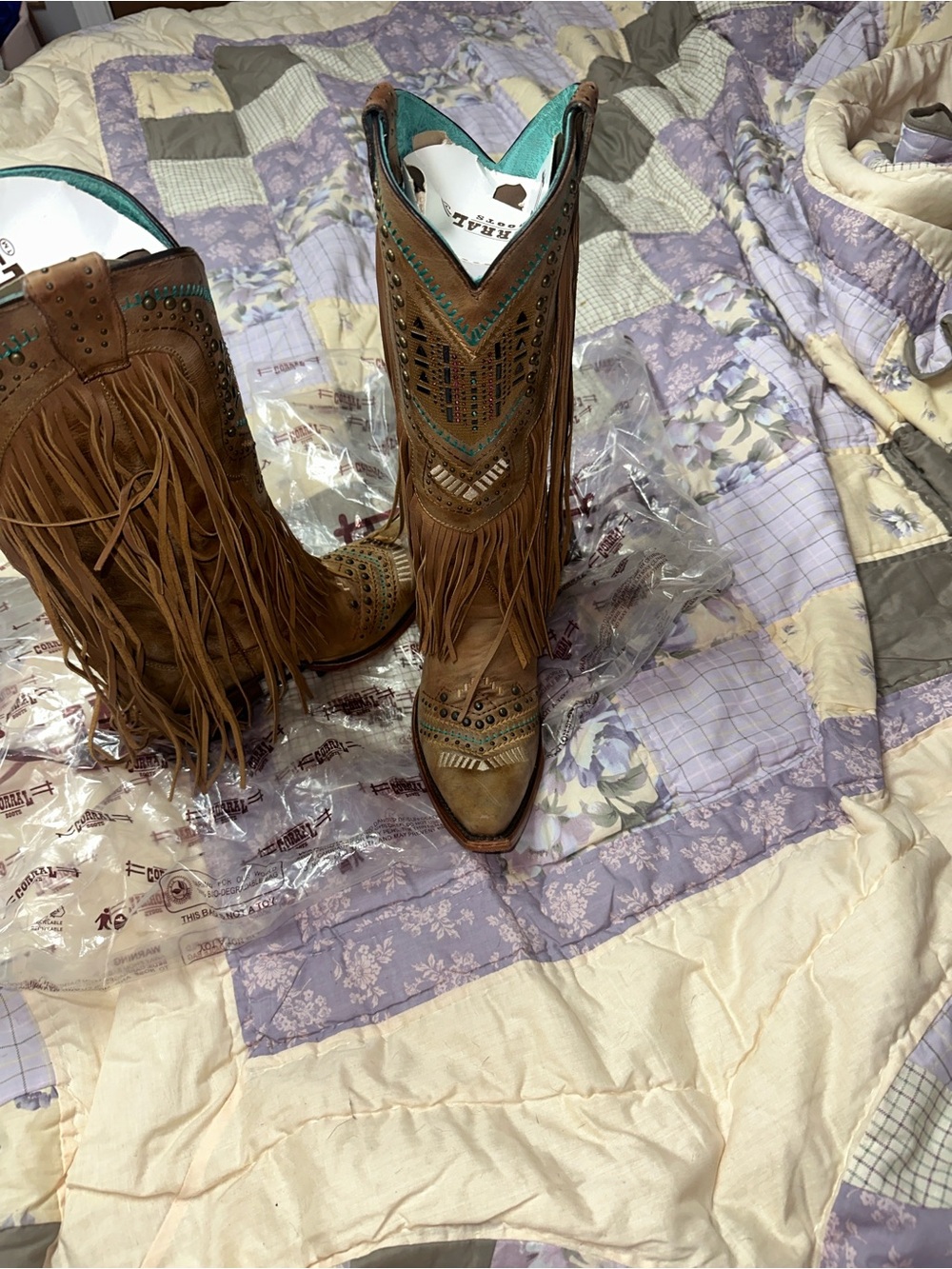 Corral Brown Leather Fringe Cowboy Boots with Turquoise Accents - Picture 5 of 10
